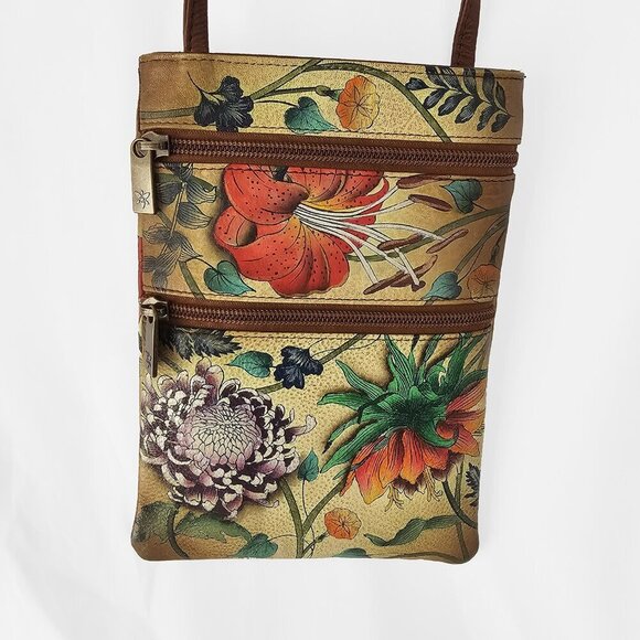 Anuschka Mini Double Zip Travel Crossbody Tan Floral Bag - Picture 3 of 3